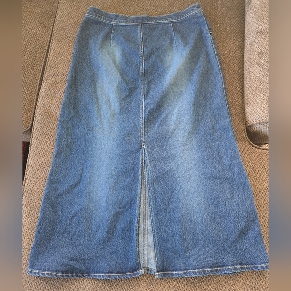 Jukebox Denim Fringe Maxi Skirt Women Sz 16 Blue Flare Back Slit Waist Belt - Picture 10 of 13